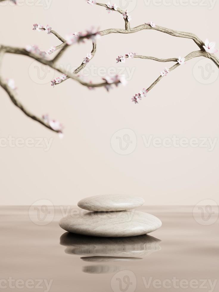 3d minimal pebble display podiums on water and plum flower tree. 3d rendering of realistic presentation for product advertising. 3d minimal illustration. photo