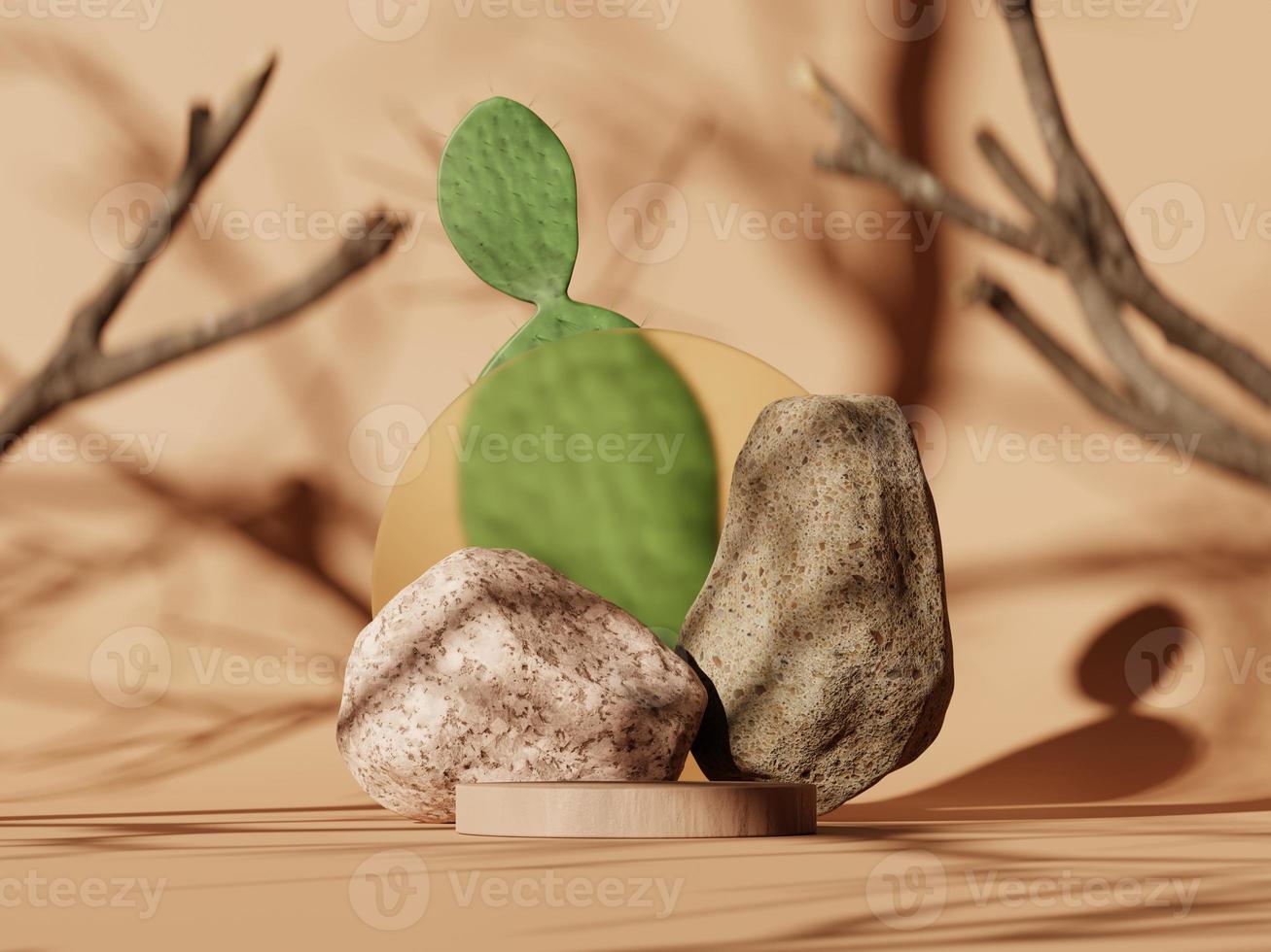 Podio de visualización mínima 3d con piedras y cactus en suelo y pared beige. Representación 3D de presentación realista para publicidad de productos. Ilustración mínima 3d. enfoque selectivo. foto