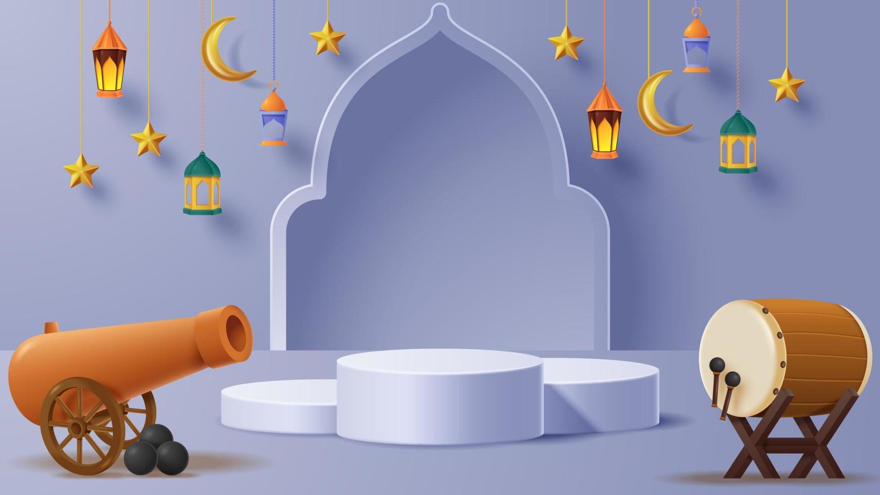 Islamic display podium decoration background with islamic ornament. Vector 3D Illustration