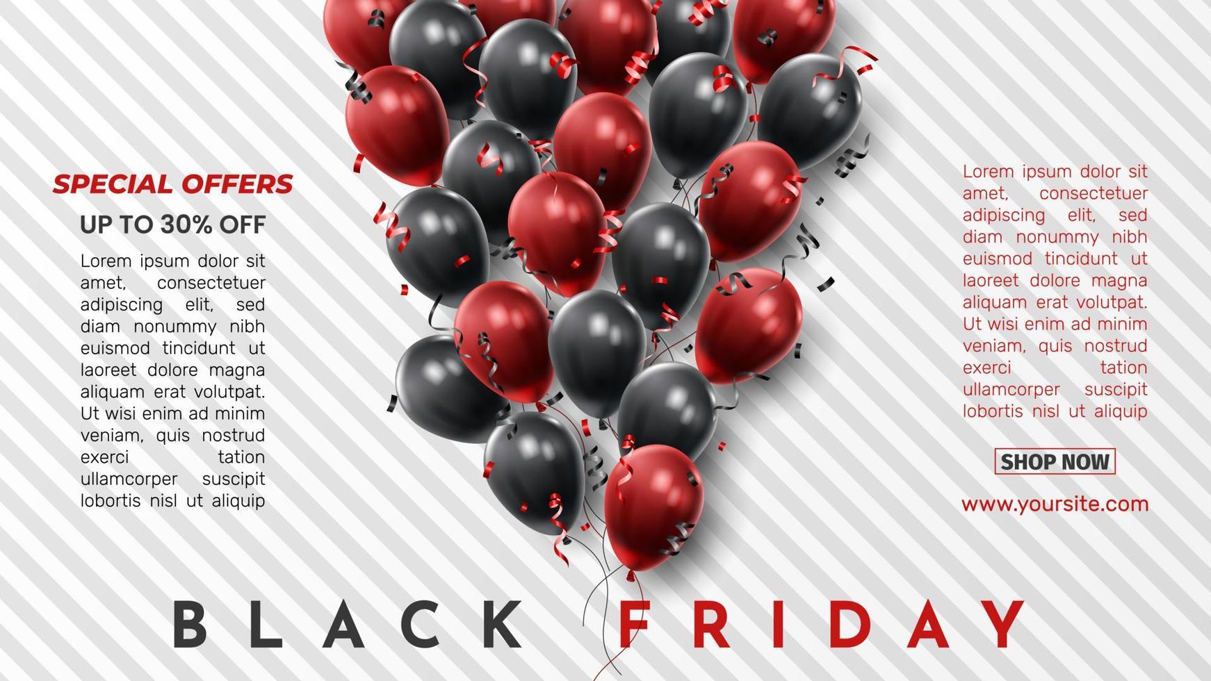 Black Friday Sale Poster with Shiny Balloons on Black and White Background. Universal vector background for poster, banners, flyers, card. vector illustration