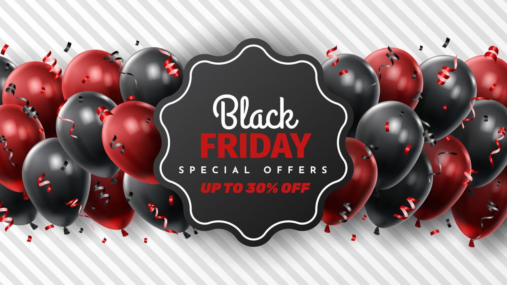 Black Friday Sale Poster with Shiny Balloons on Black and White Background. Universal vector background for poster, banners, flyers, card. vector illustration