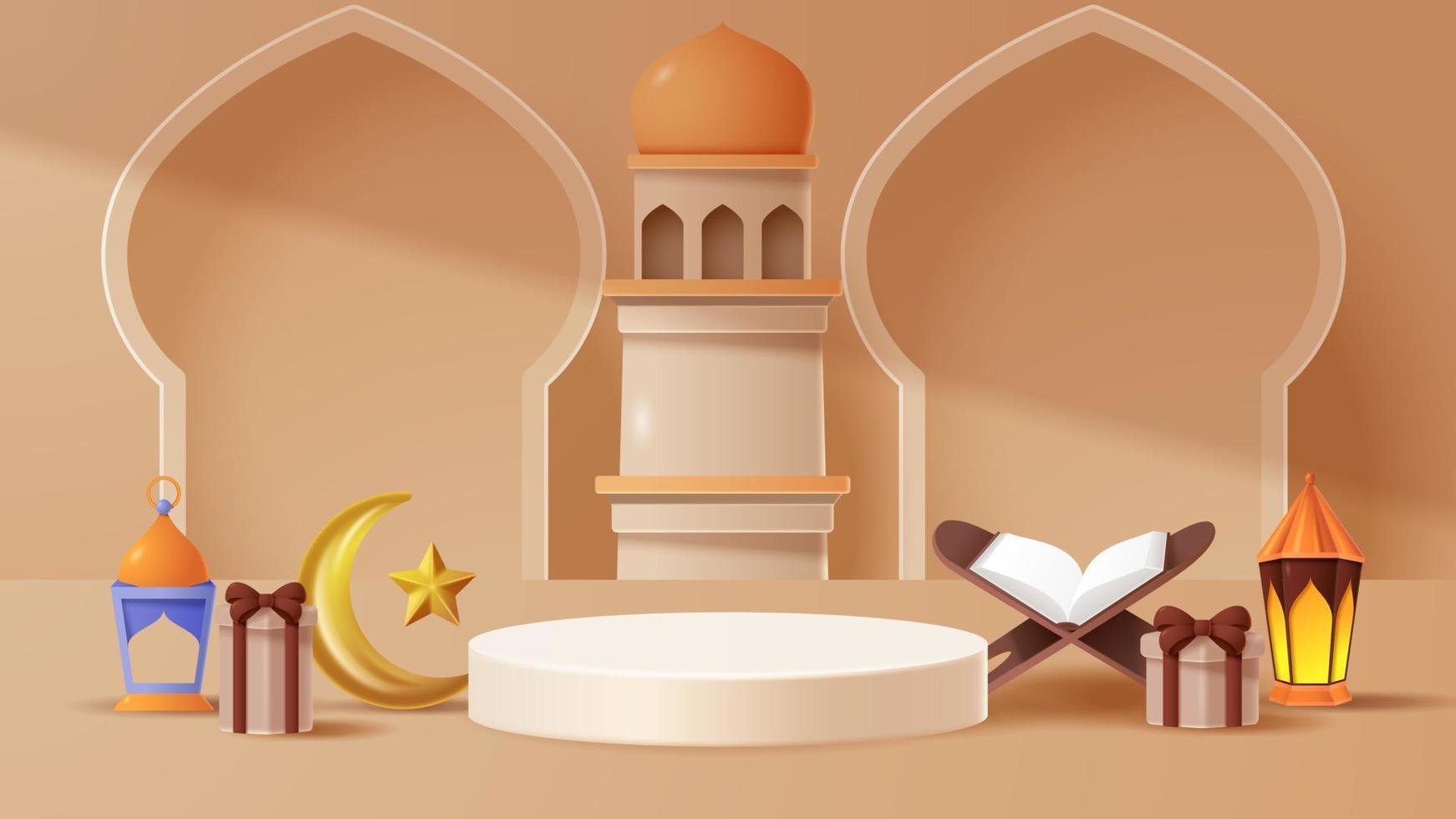 Islamic display podium decoration background with islamic ornament. Vector 3D Illustration