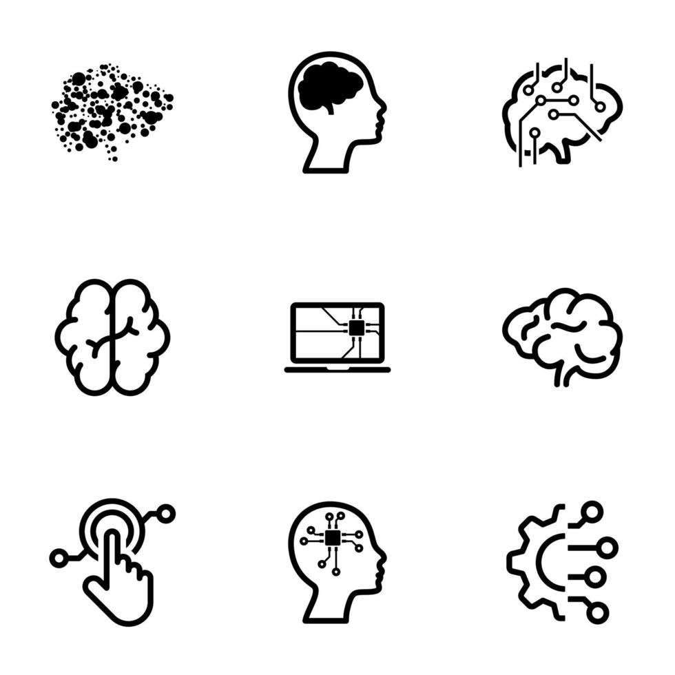 Set of black icons isolated on white background, on theme Artificial Intelligence vector