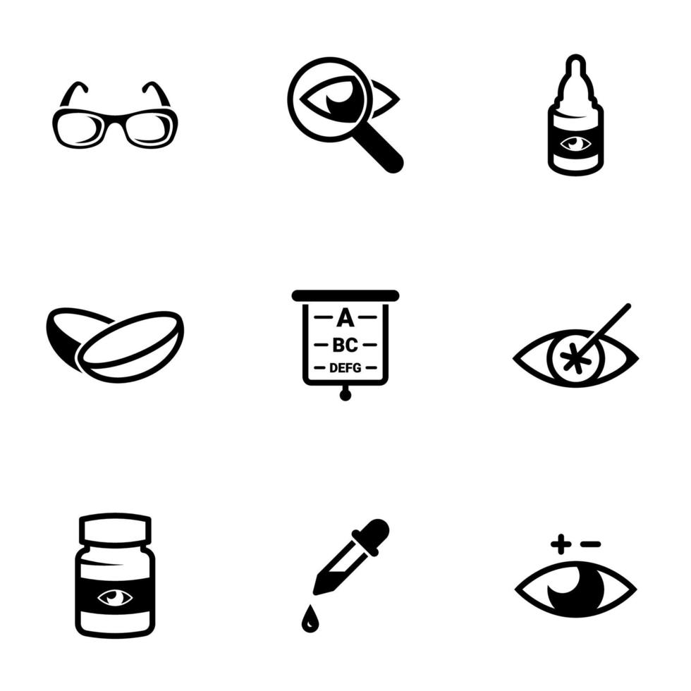 conjunto de iconos simples sobre un tema de optometría, vector, diseño, colección, plano, signo, símbolo, elemento, objeto, ilustración, aislado. Fondo blanco vector