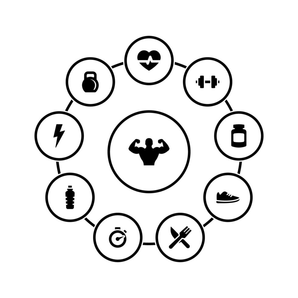 Set of simple icons on a theme Fitness, vector, design, collection, flat, sign, symbol,element, object, illustration, isolated. White background vector