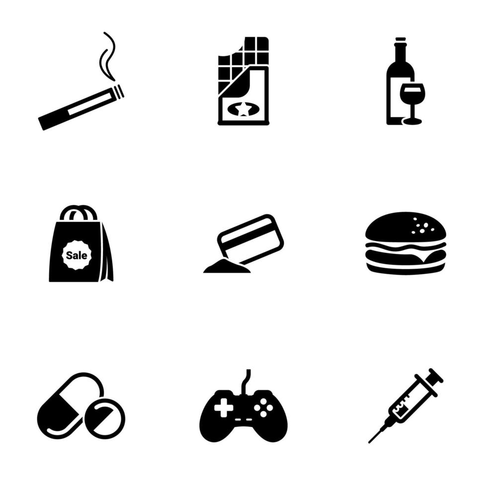 Set of simple icons on a theme Addiction, vector, design, collection, flat, sign, symbol,element, object, illustration, isolated. White background vector