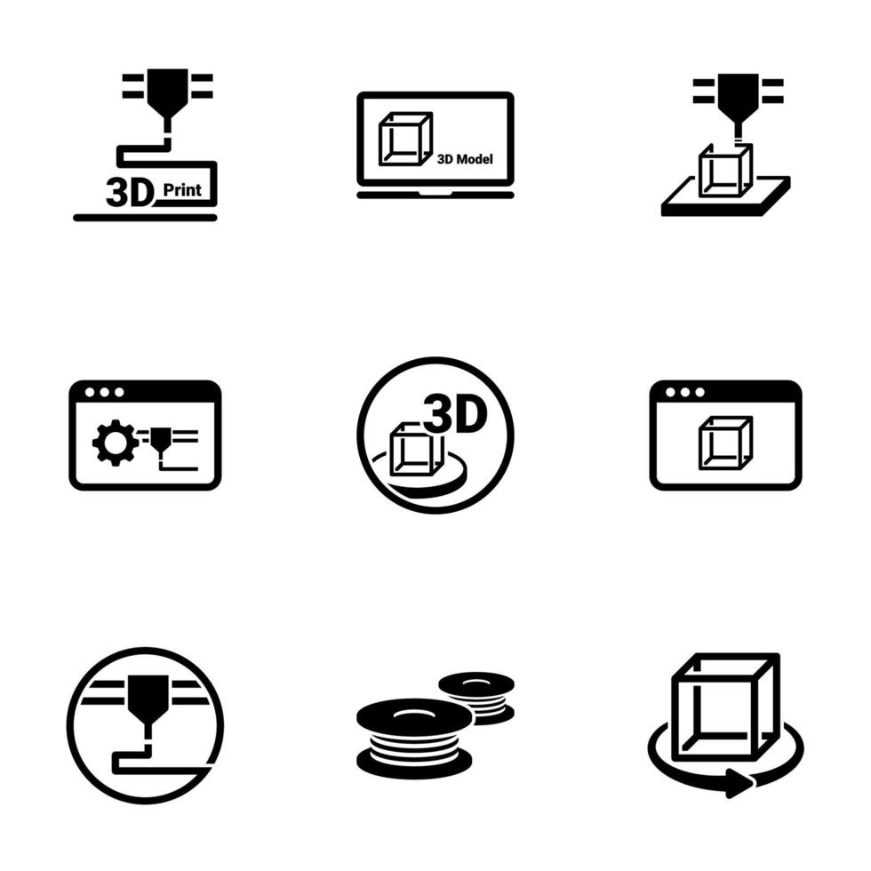 Set of simple icons on a theme 3D Printing, vector, design, collection, flat, sign, symbol,element, object, illustration, isolated. White background vector