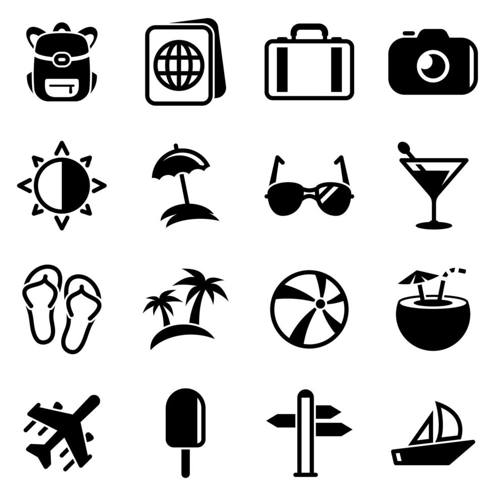 conjunto de íconos simples en un viaje temático, verano, calor, helado, pantuflas, entretenimiento, playa, vector, diseño, plano, signo, símbolo, objeto, ilustración. iconos negros aislados sobre fondo blanco vector