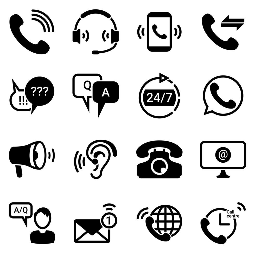Set of simple icons on a theme Technical support, service, questions, answers, communication, office, internet, marketing, advertising, vector, set. Black icons isolated against white background vector