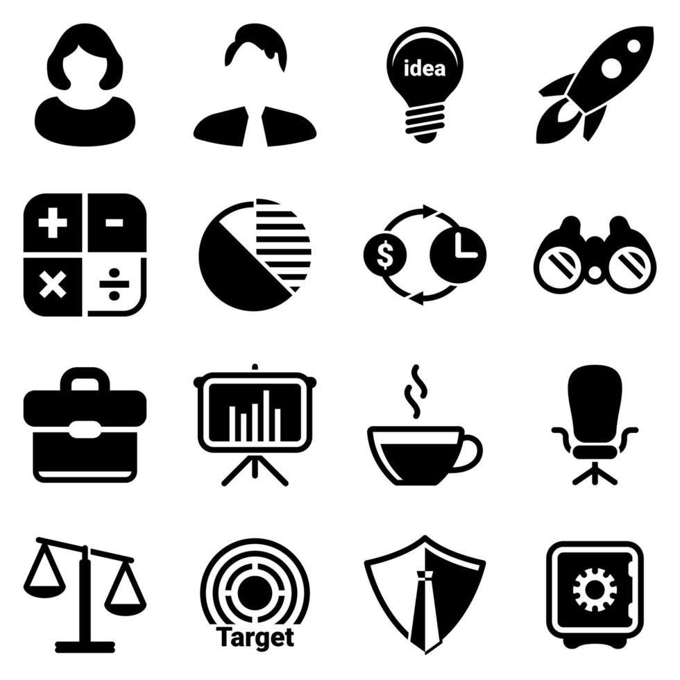 Set of simple icons on a theme businessman, business woman, foresight, purpose, justice, security, office, trade, vector, set, flat, sign, symbol, object. Black icons isolated against white background vector