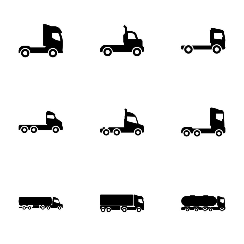 conjunto de iconos negros aislados en fondo blanco, en camiones temáticos, vista lateral vector