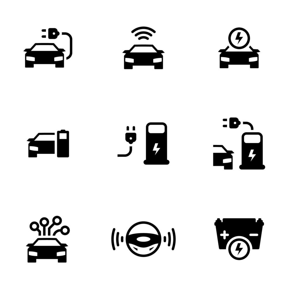 Set of simple icons on a theme Driverless autonomous car. Electric powered car, vector, set. White background vector