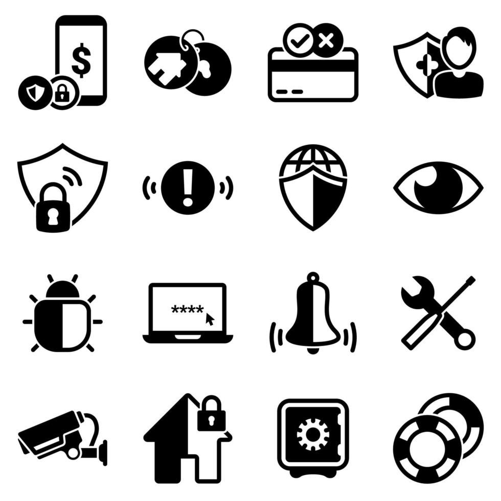 conjunto de iconos simples sobre un tema seguridad, tarjeta de crédito, seguro, internet, vigilancia, hogar, notificación, vector, plano, signo, web, símbolo, objeto. iconos negros aislados sobre fondo blanco vector