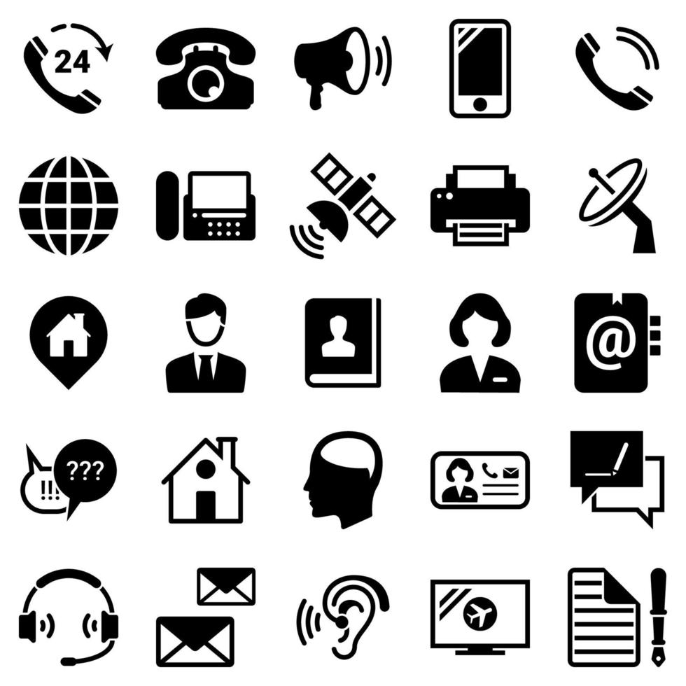 Set of simple icons on a theme Contact, connection, communication devices, vector, design, collection, flat, sign, symbol,element, object, illustration. Black icons isolated against white background vector