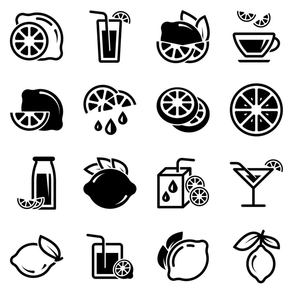 conjunto de íconos simples sobre un tema cítrico, lima, naranja, limón, fruta, bebida, vector, juego. iconos negros aislados sobre fondo blanco vector