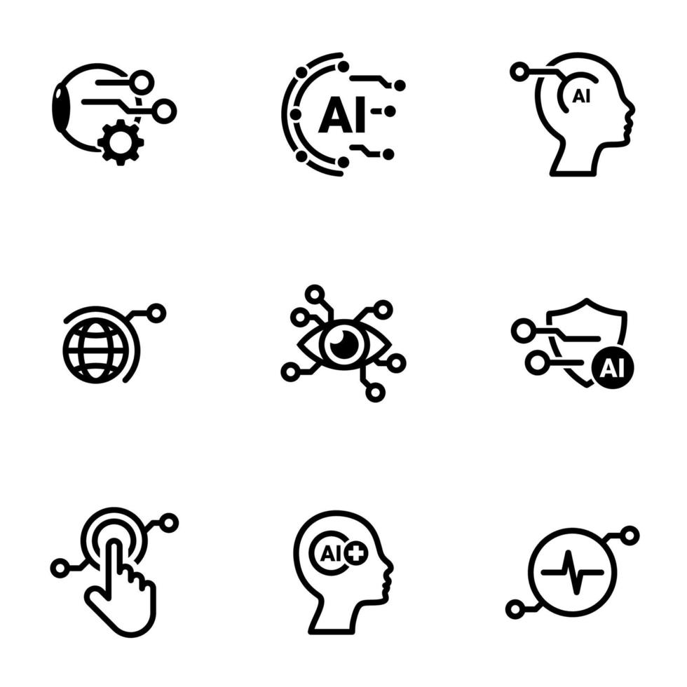 conjunto de iconos simples sobre un tema inteligencia artificial, vector, diseño, colección, plano, signo, símbolo, elemento, objeto, ilustración, aislado. Fondo blanco vector