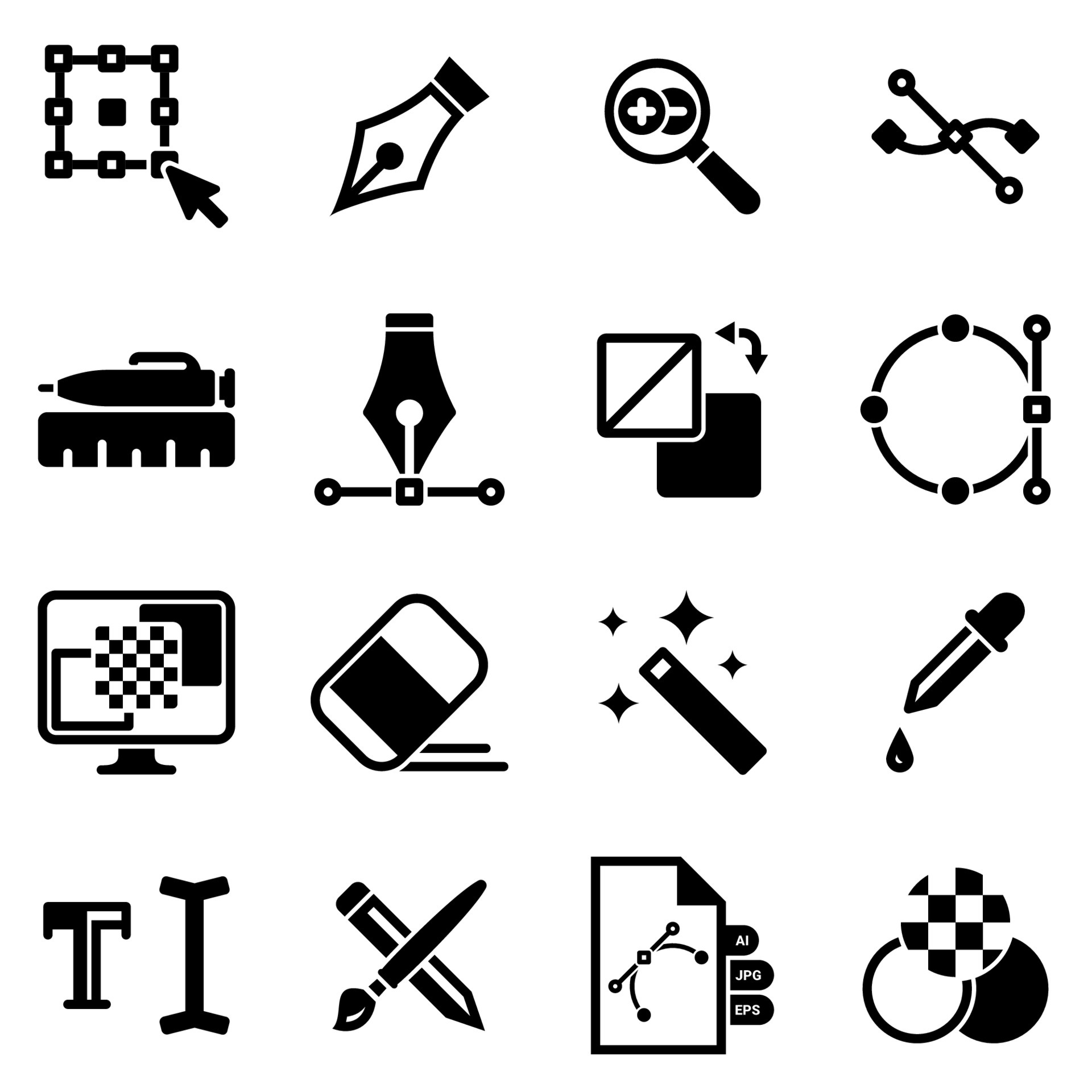 Set of simple icons on a theme Graphic design, drawing, tools, vector, set. White background