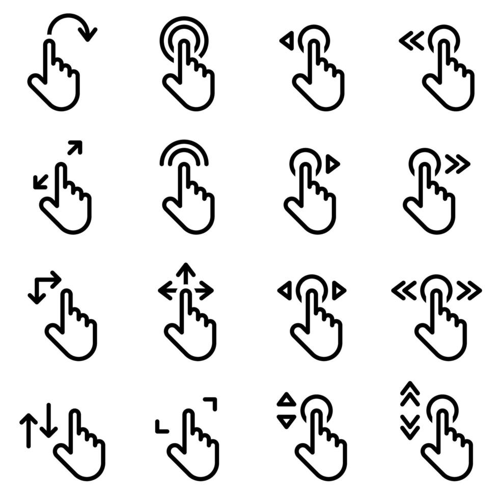 Icons for theme Click, click, hand, gestures, vector, icon, set. White background vector