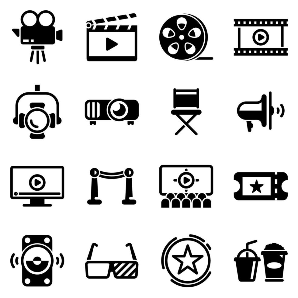 conjunto de iconos simples sobre un tema cine, teatro, entretenimiento, sonido, monitor, callejón de la fama, iluminación, luz, vector, diseño, plano, signo, símbolo, objeto. iconos negros aislados sobre fondo blanco vector