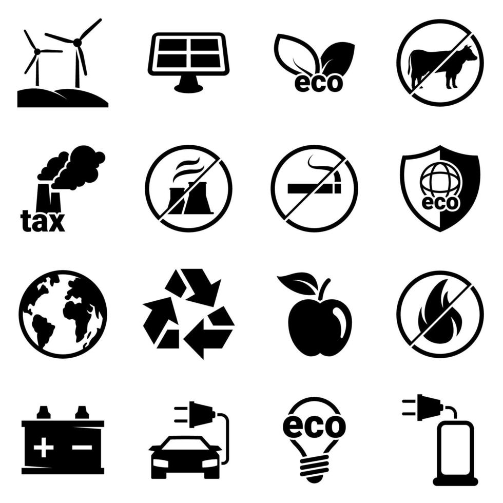 Set of simple icons on a theme Eco, vector, design, collection, flat, sign, symbol,element, object, illustration. Black icons isolated against white background vector