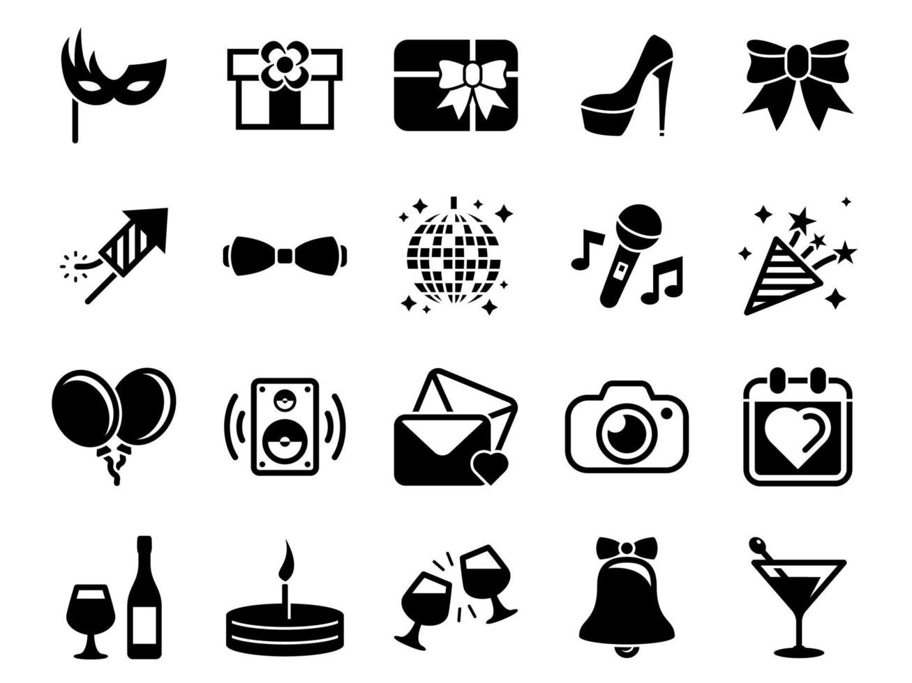 conjunto de iconos simples en una fiesta temática, cumpleaños, vacaciones, vector, diseño, colección, plano, signo, símbolo, elemento, objeto, ilustración. iconos negros aislados sobre fondo blanco vector