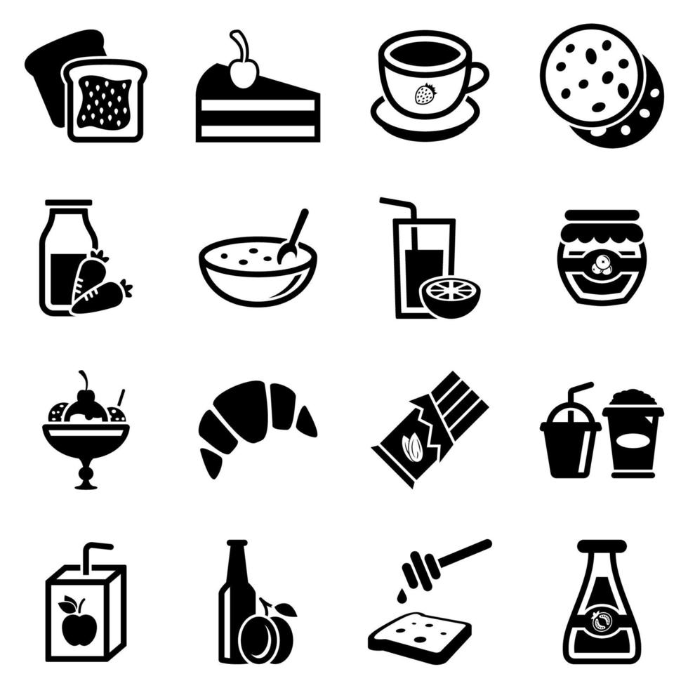 conjunto de iconos simples sobre un tema dulces, bebidas, comida, vector, diseño, colección, plano, signo, símbolo, elemento, objeto, ilustración. iconos negros aislados sobre fondo blanco vector