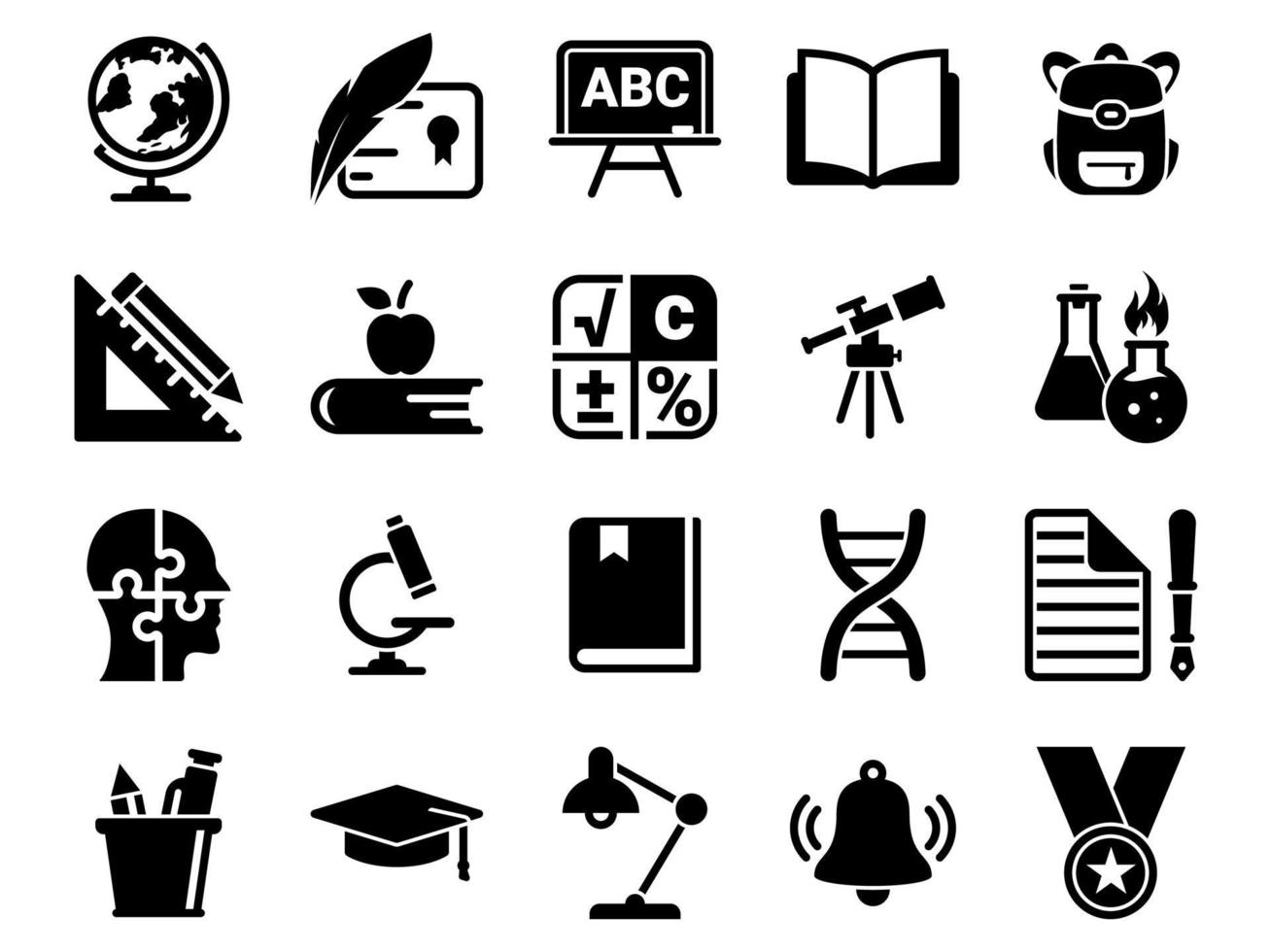 conjunto de iconos simples en una escuela temática, educación, educación, vector, diseño, colección, plano, signo, símbolo, elemento, objeto, ilustración. iconos negros aislados sobre fondo blanco vector
