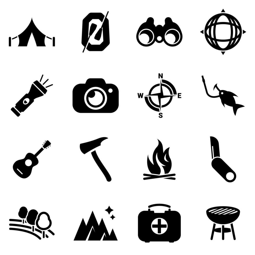 Set of simple icons on a theme summer camping, travel, vector, design, collection, flat, sign, symbol,element, object, illustration. Black icons isolated against white background vector