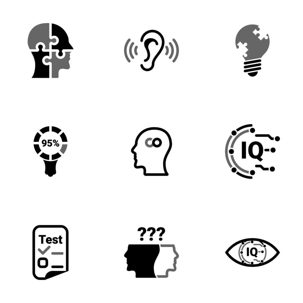 Set of simple icons on a theme Intellect, research, mind, brain, person, vector, set. Black icons isolated against white background vector