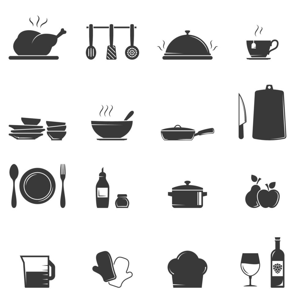 conjunto de iconos de vector negro, aislado sobre fondo blanco. ilustración plana sobre una cocina temática y culinaria