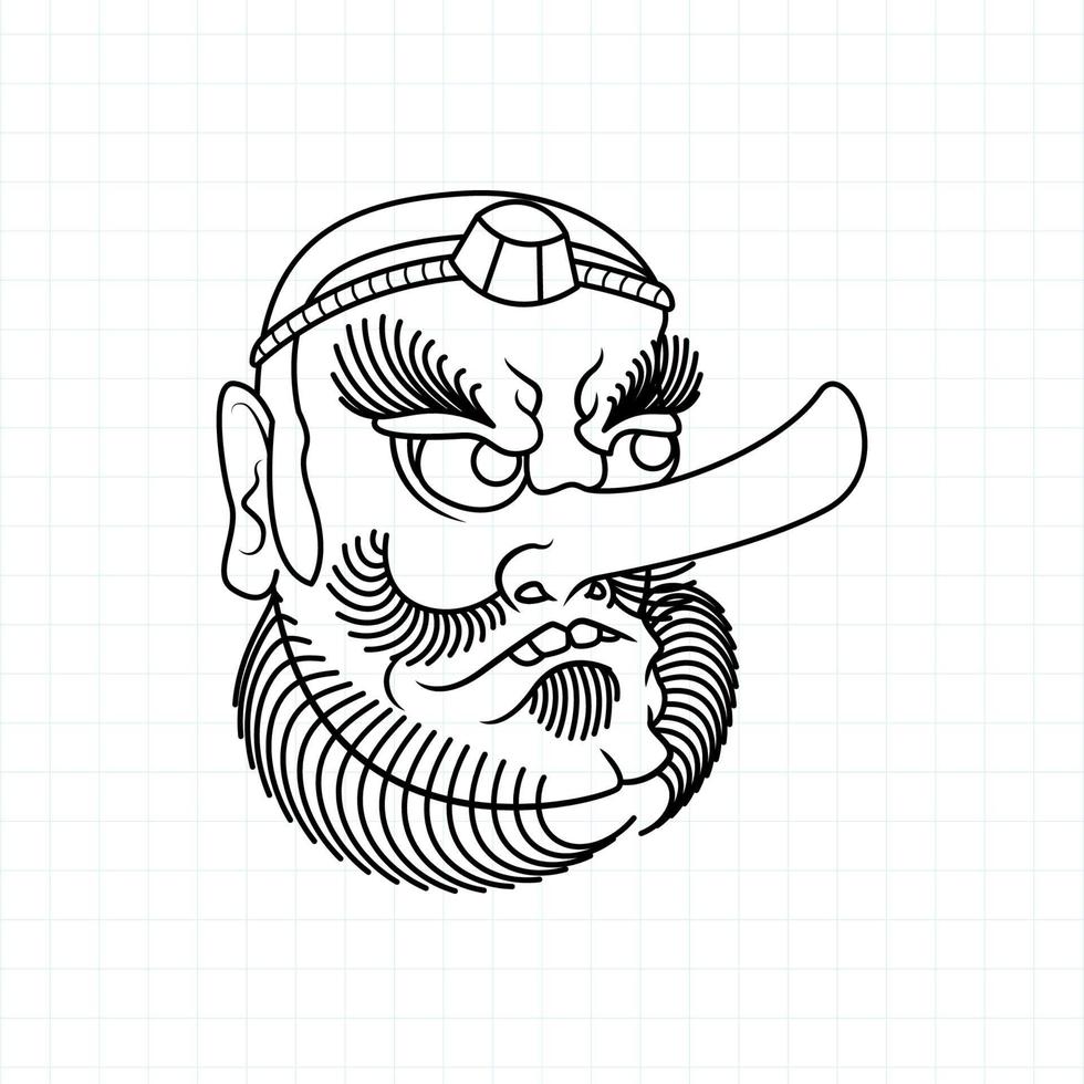 Hand drawn Japanese Tengu mask coloring page, Vector illustration eps.10