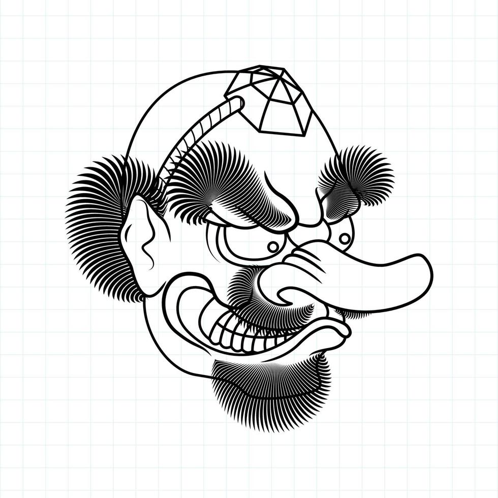 Hand drawn Japanese Tengu mask coloring page, Vector illustration eps.10