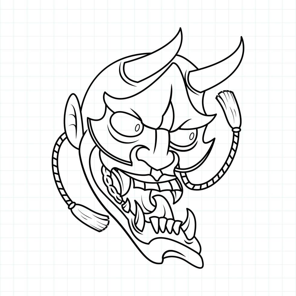 página de coloreado de máscara de demonio oni japonesa dibujada a mano, ilustración vectorial eps.10 vector