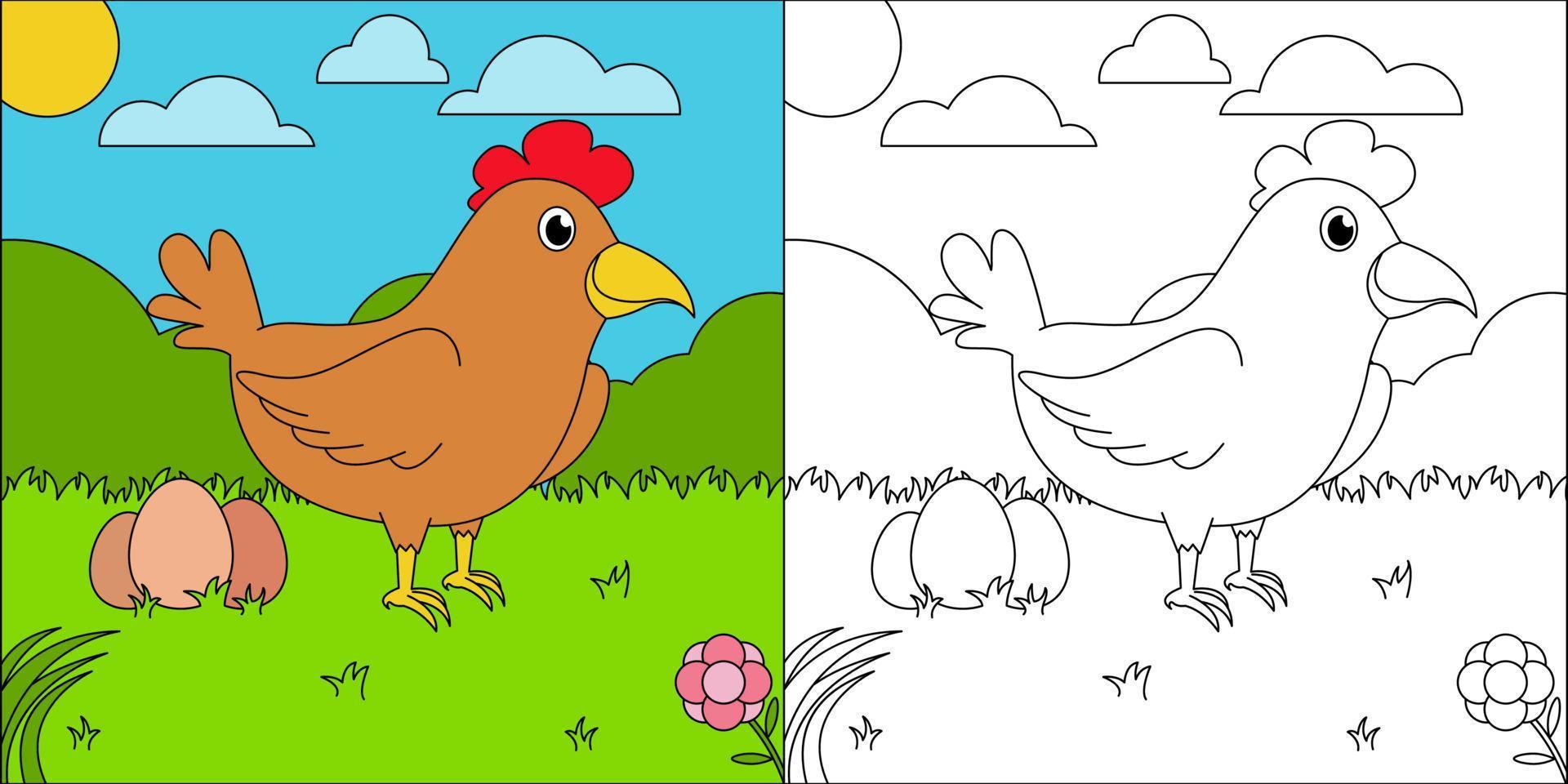 Chicken laying eggs suitable for children's coloring page vector illustration