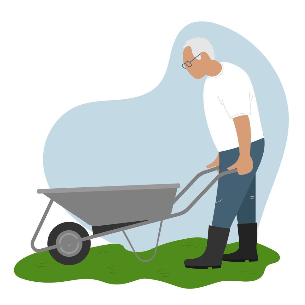 Old man with wheelbarrow in the garden. Pleasant active rest in the garden. Plants and flowers cultivating vector