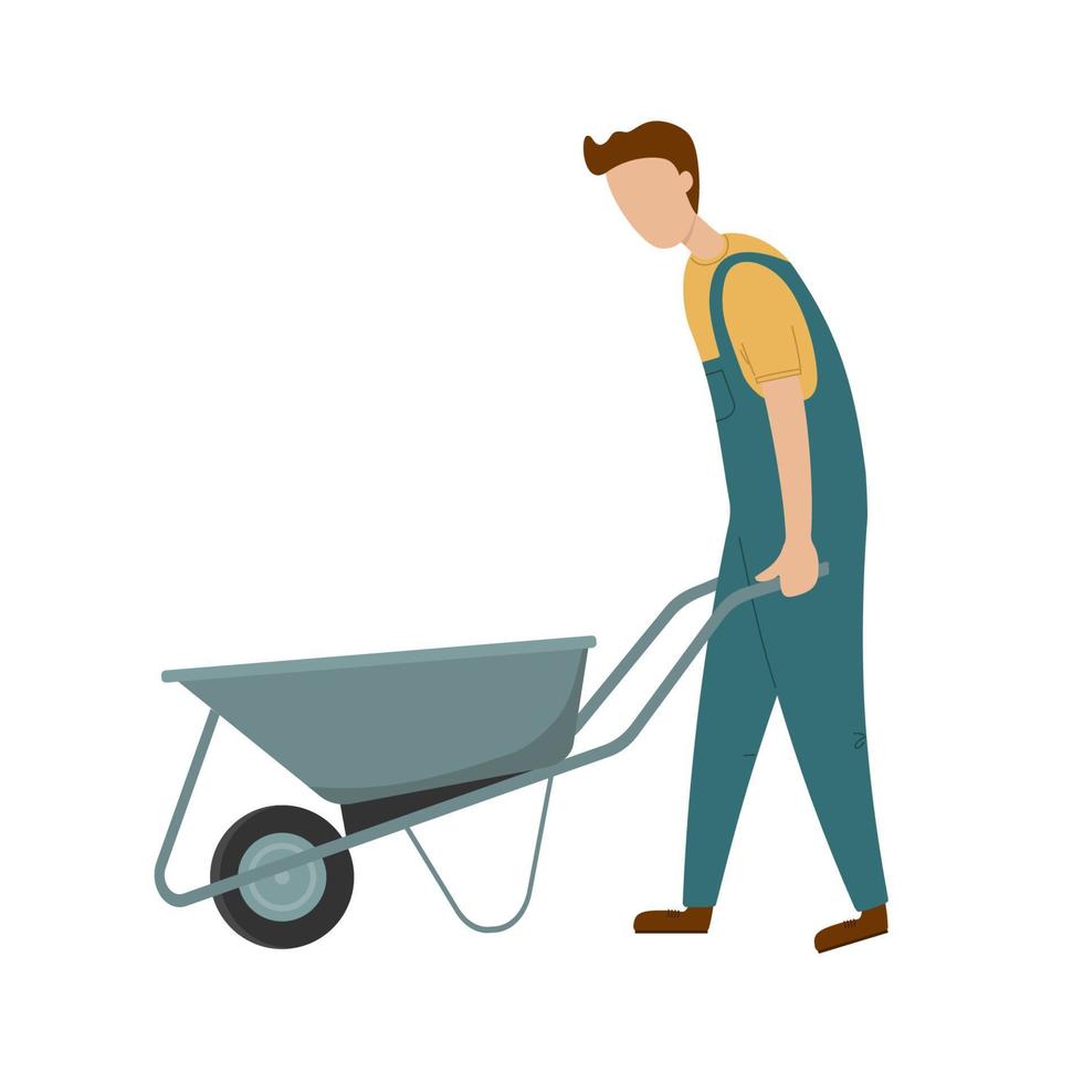 Man with wheelbarrow. Professional worker with barrow. Plants and flowers cultivating vector