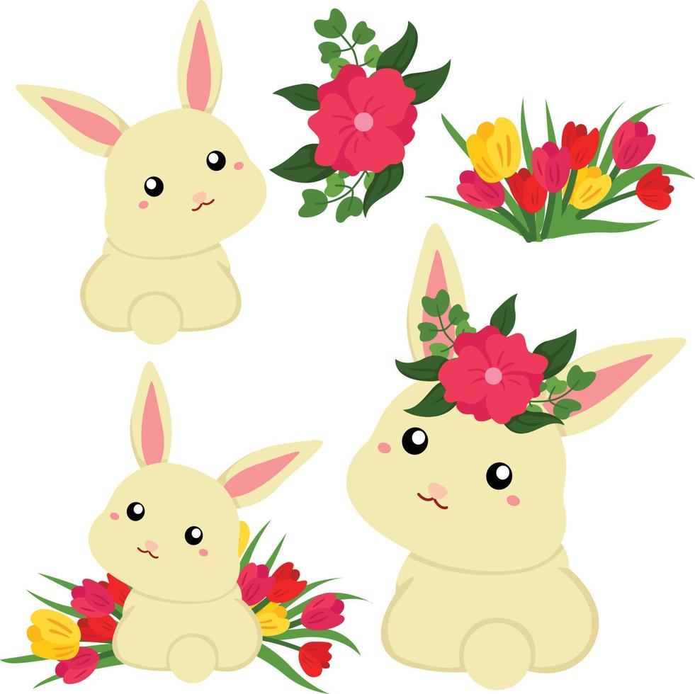 Girl with Her Rabbit Clipart Beautiful Flowers perfect for Easter or Spring Decoration vector