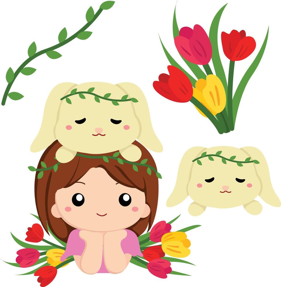 Girl with Her Rabbit Clipart Beautiful Flowers perfect for Easter or Spring Decoration vector