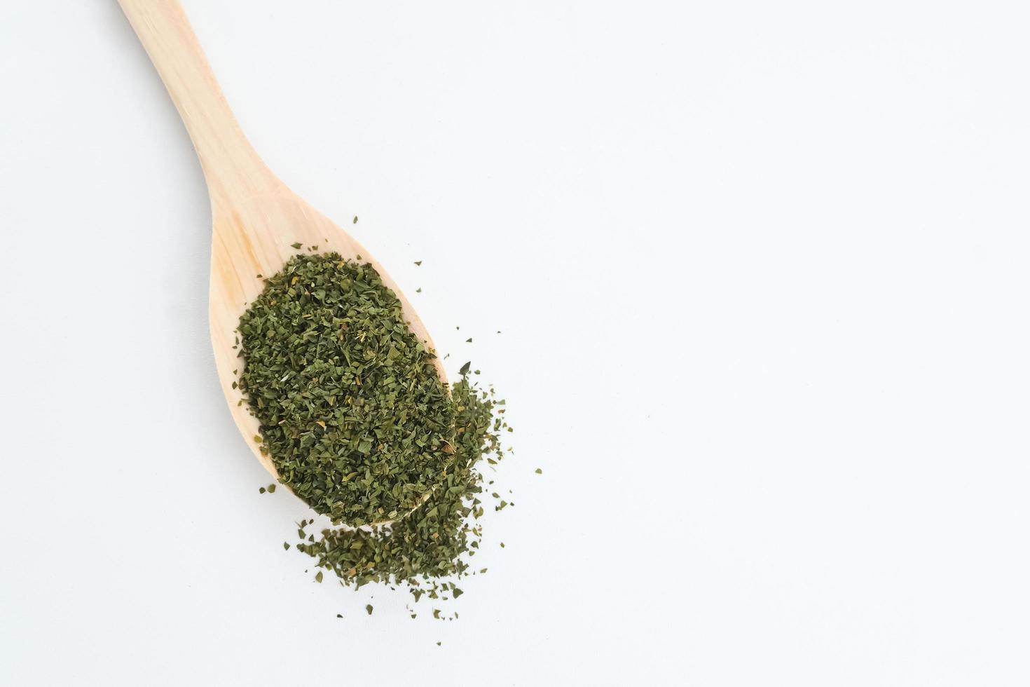 Dried herbs rosemary leaf on white background, copy space and selective focus image. photo