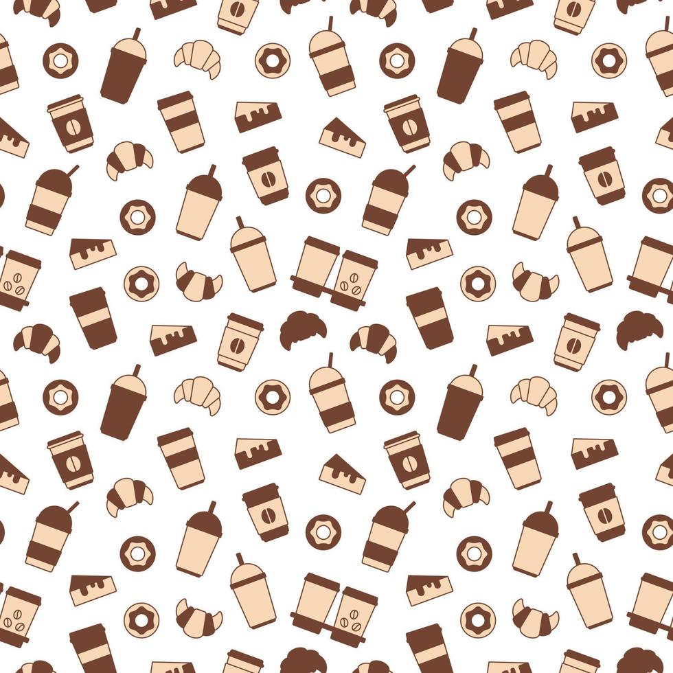 Vector seamless pattern of cups of coffee, drinks, cakes, croissants and donuts. Illustration on the theme of food, coffee and sweets. Abstract background of icons of cups of coffee, dessert, baking
