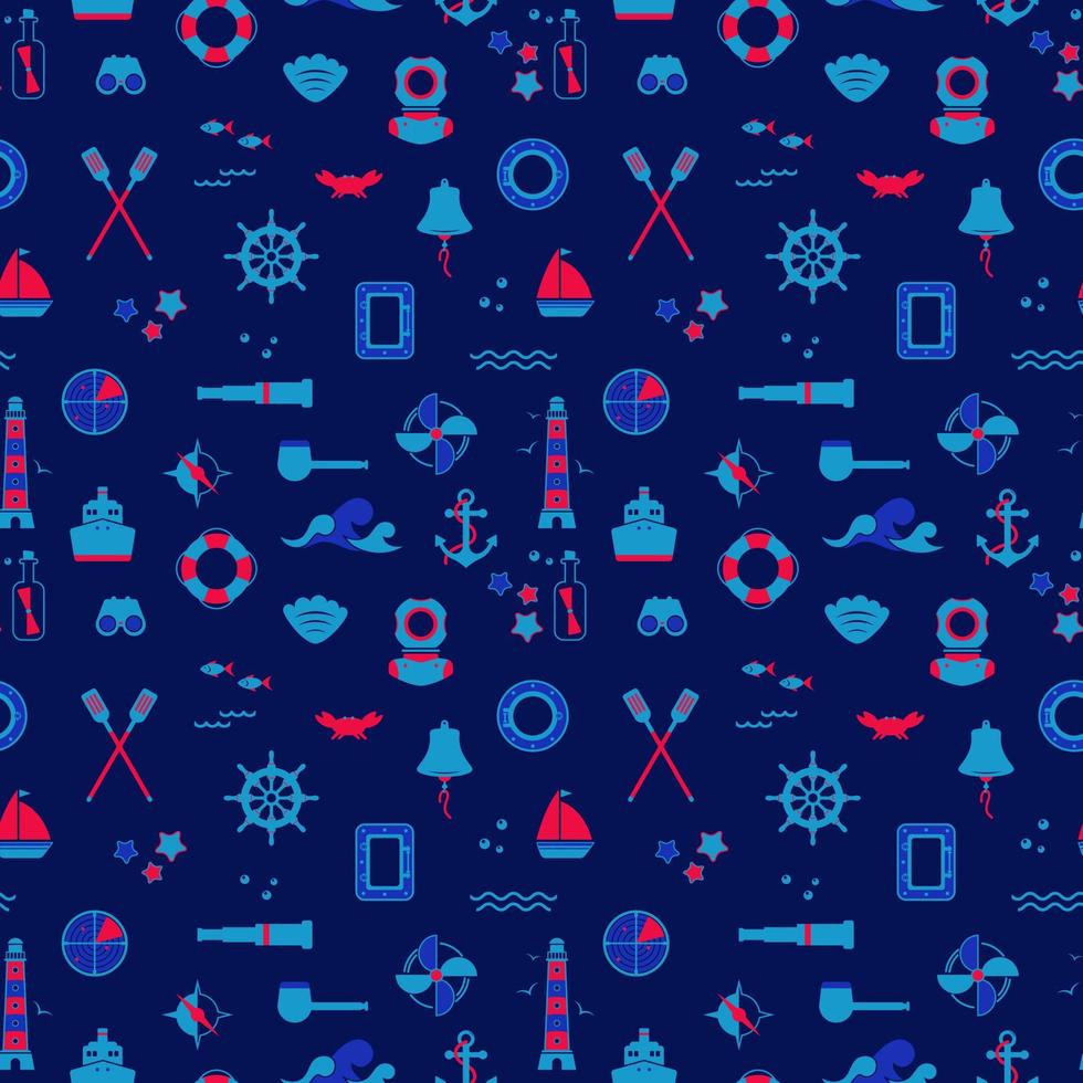 Vector seamless pattern of icons on the theme of the sea, navigation, sea travel. Nautical illustration of objects of navigation, seafaring