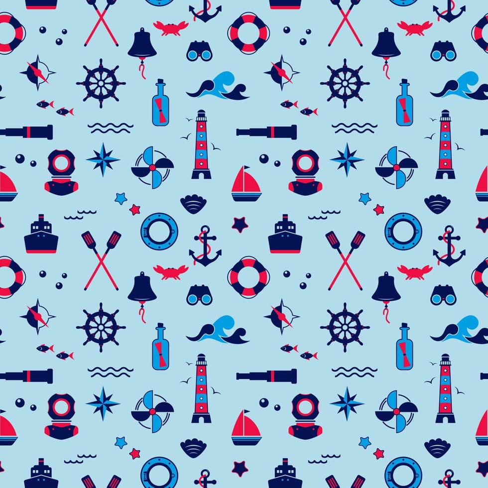 Vector seamless pattern of icons on the theme of the sea, navigation, sea travel. Nautical illustration of objects of navigation, seafaring