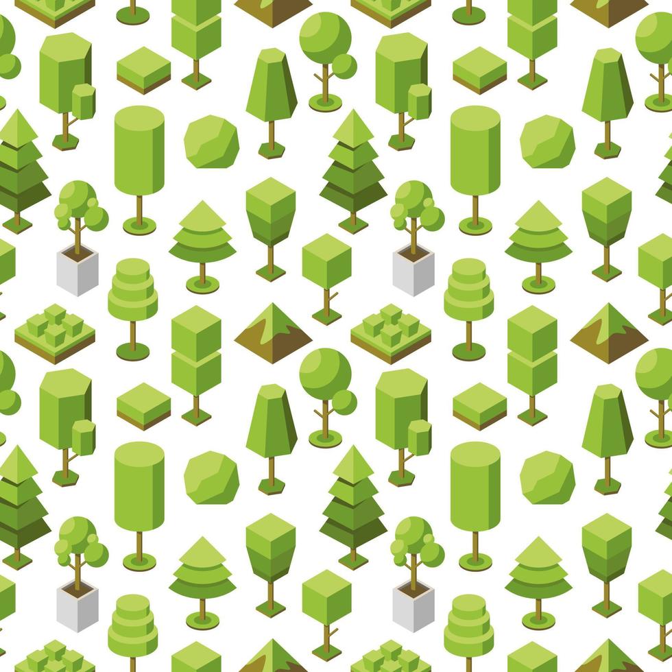 Vector seamless geometric pattern of isometric tree icons. Collection of natural botanical objects. 3d illustration of plants for the park, garden. Conceptual ecological background