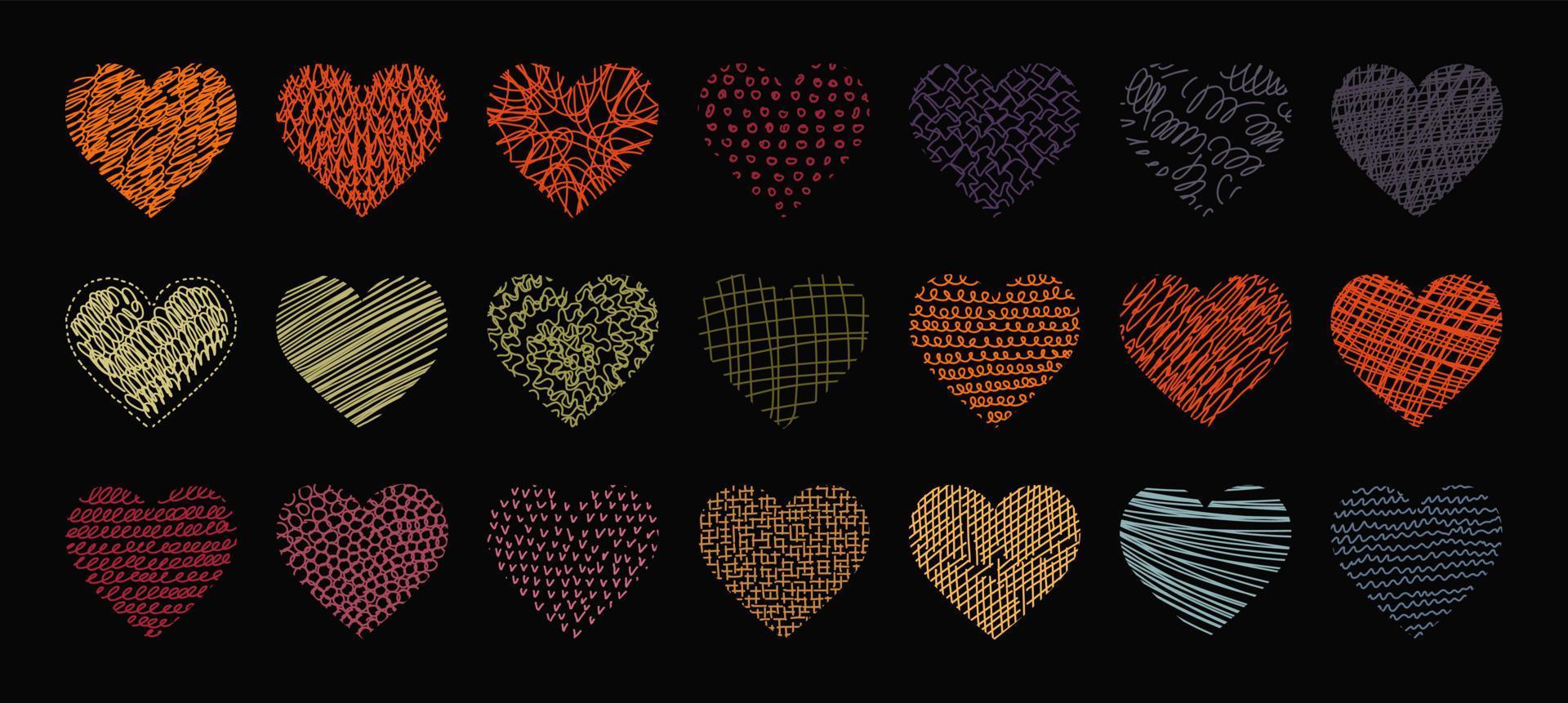 Vector set of abstract heart shaped backgrounds. Modern trendy Valentines day illustration. Patterns of hand drawn curves, lines. Doodle icons set for social networks, posters, design templates