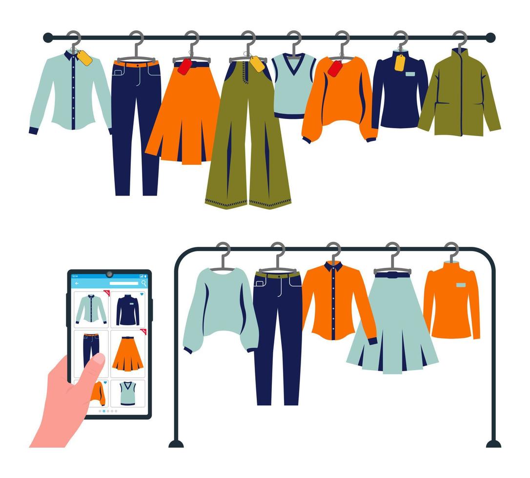 Flat vector illustration, concept of online clothing store, hand with smartphone. Shopping, buying clothes. Set of women's clothes on a hanger with price tags. Viewing the goods of the clothing store