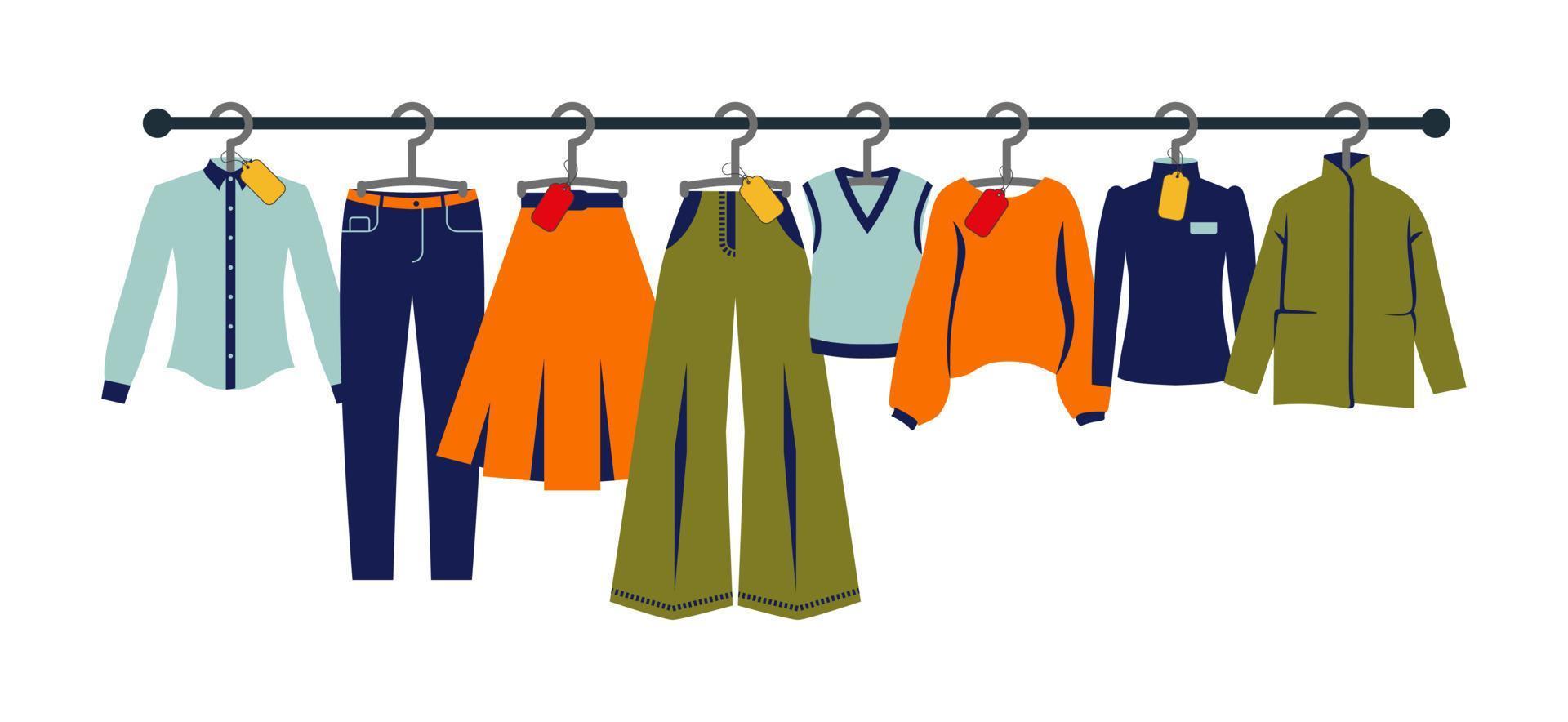 Flat illustration, set of women's clothes on a hanger with price