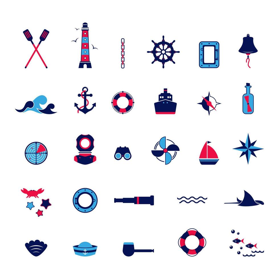 conjunto vectorial de iconos sobre el tema del mar, navegación, viajes por mar. ilustración náutica de objetos de navegación, navegación vector