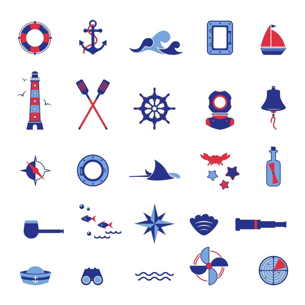 Vector set of icons on the theme of the sea, navigation, sea travel. Nautical illustration of objects of navigation, seafaring