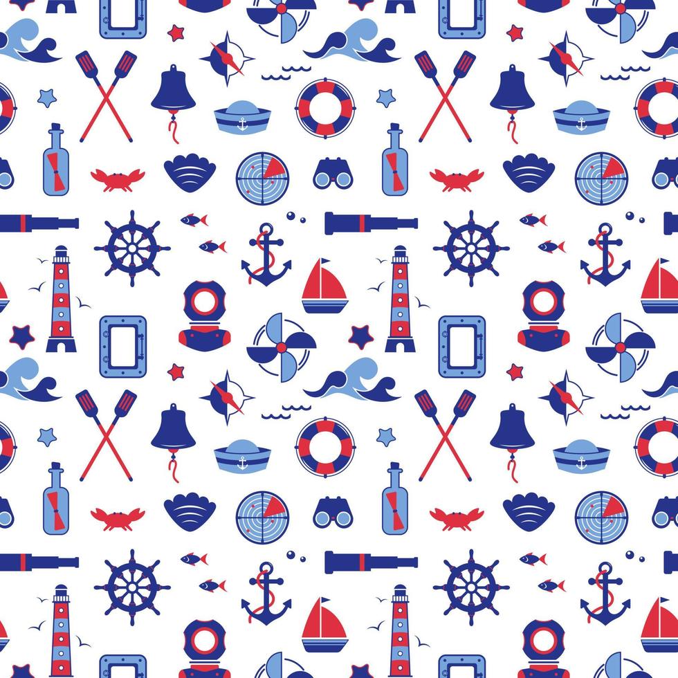 Vector seamless pattern of icons on the theme of the sea, navigation, sea travel. Nautical illustration of objects of navigation, seafaring
