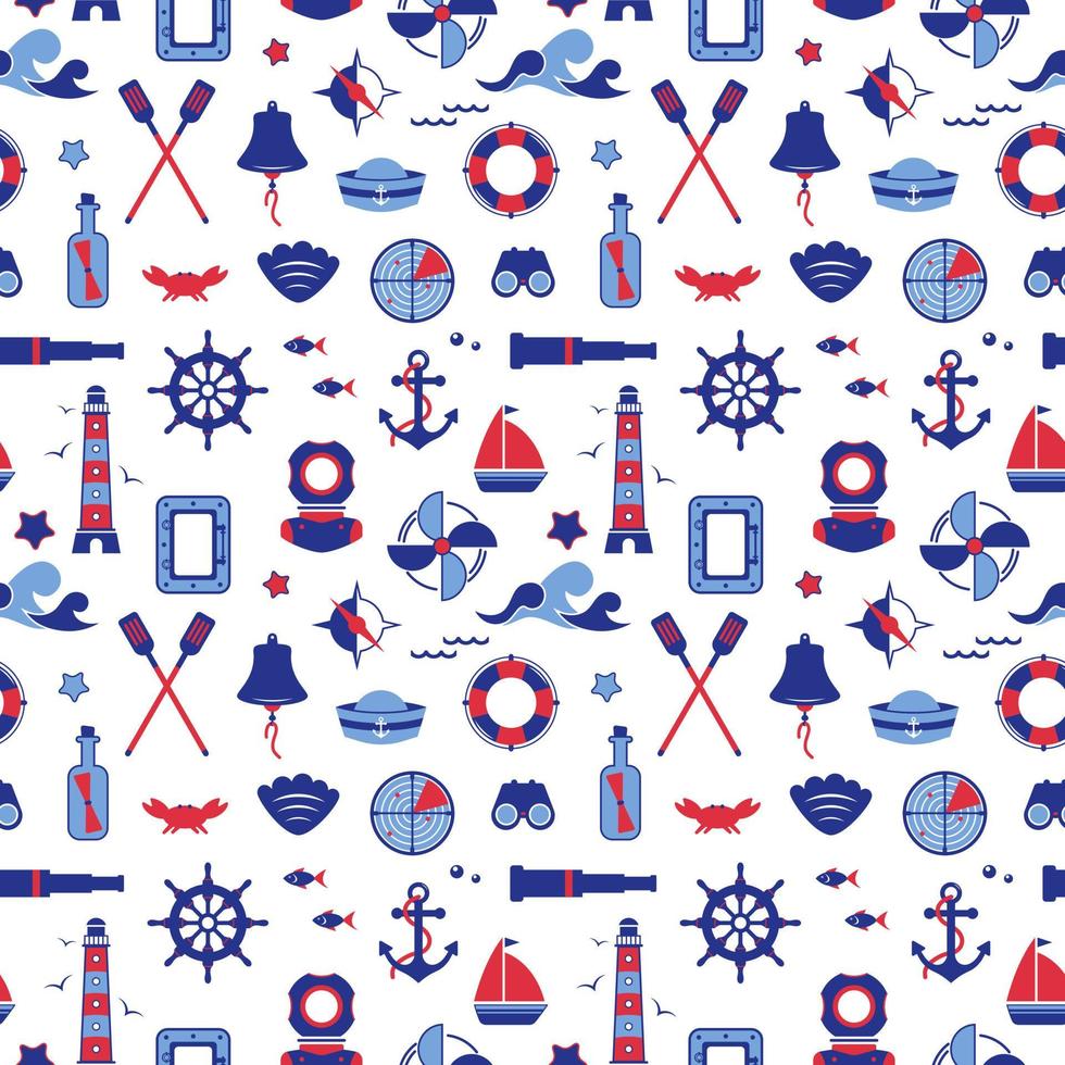 Vector seamless pattern of icons on the theme of the sea, navigation, sea travel. Nautical illustration of objects of navigation, seafaring